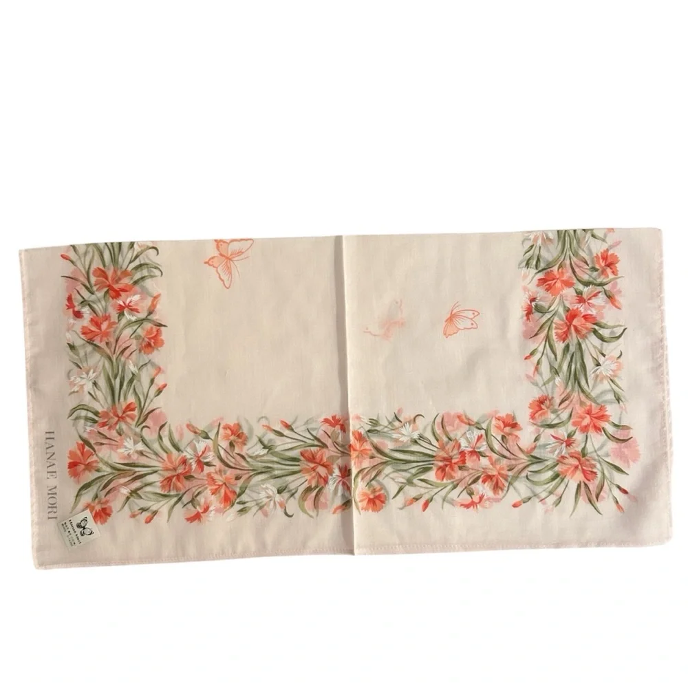 NWT Hanae Mori Pink Floral Handkerchief 100% Cotton Scarf, Japanese Designer VTG